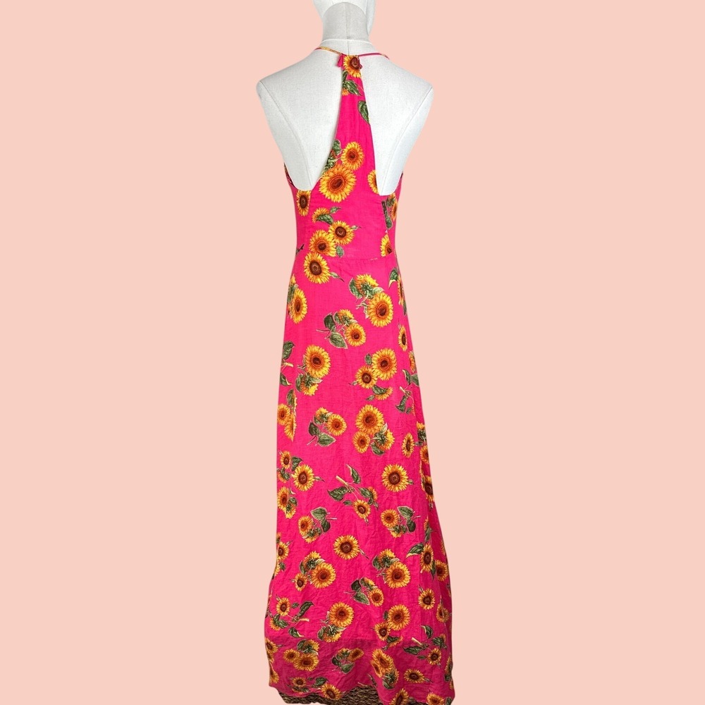 Farm Rio Brazil Sunflower Maxi Dress Sz XS Pink Floral Halter Boho Summer V-Neck - Picture 4 of 14